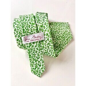 Vera Bradley for Baekgaard Green and White Leopard Neck Tie 100% Silk